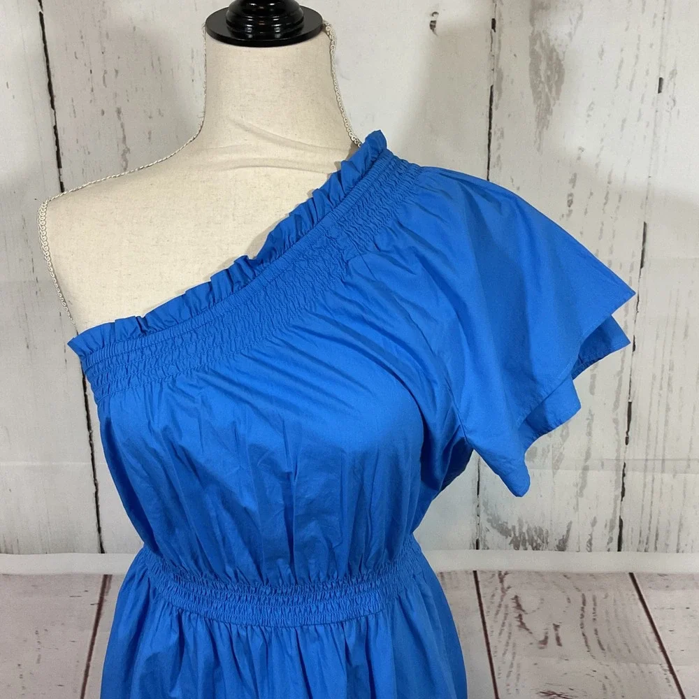 J. Crew One Shoulder Midi Dress Smocked Waist Pockets Blue Size S Wedding Resort